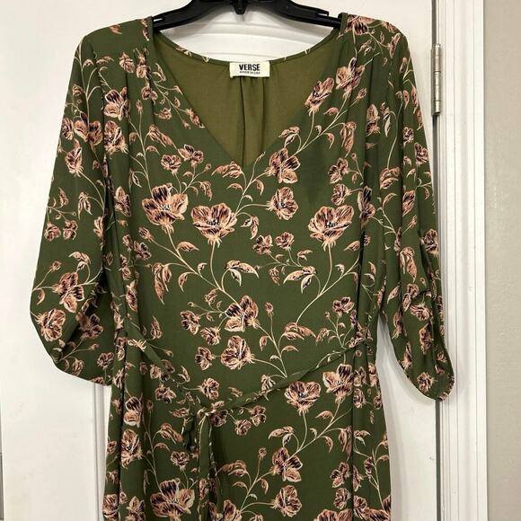 Verse Olive Green & Pink Floral Tie Wait 3/4 Sleeve V Neck Made in USA Med - Picture 3 of 10